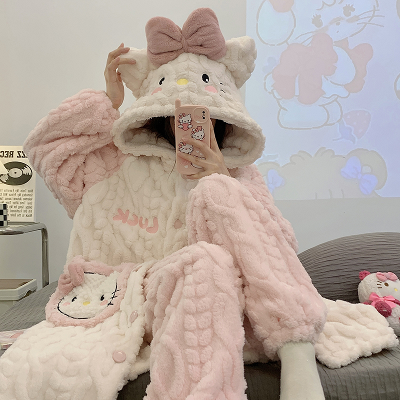 运补『KT猫』睡袍秋冬季加绒冬天保暖搭子毛茸茸甜美少女睡衣家居服