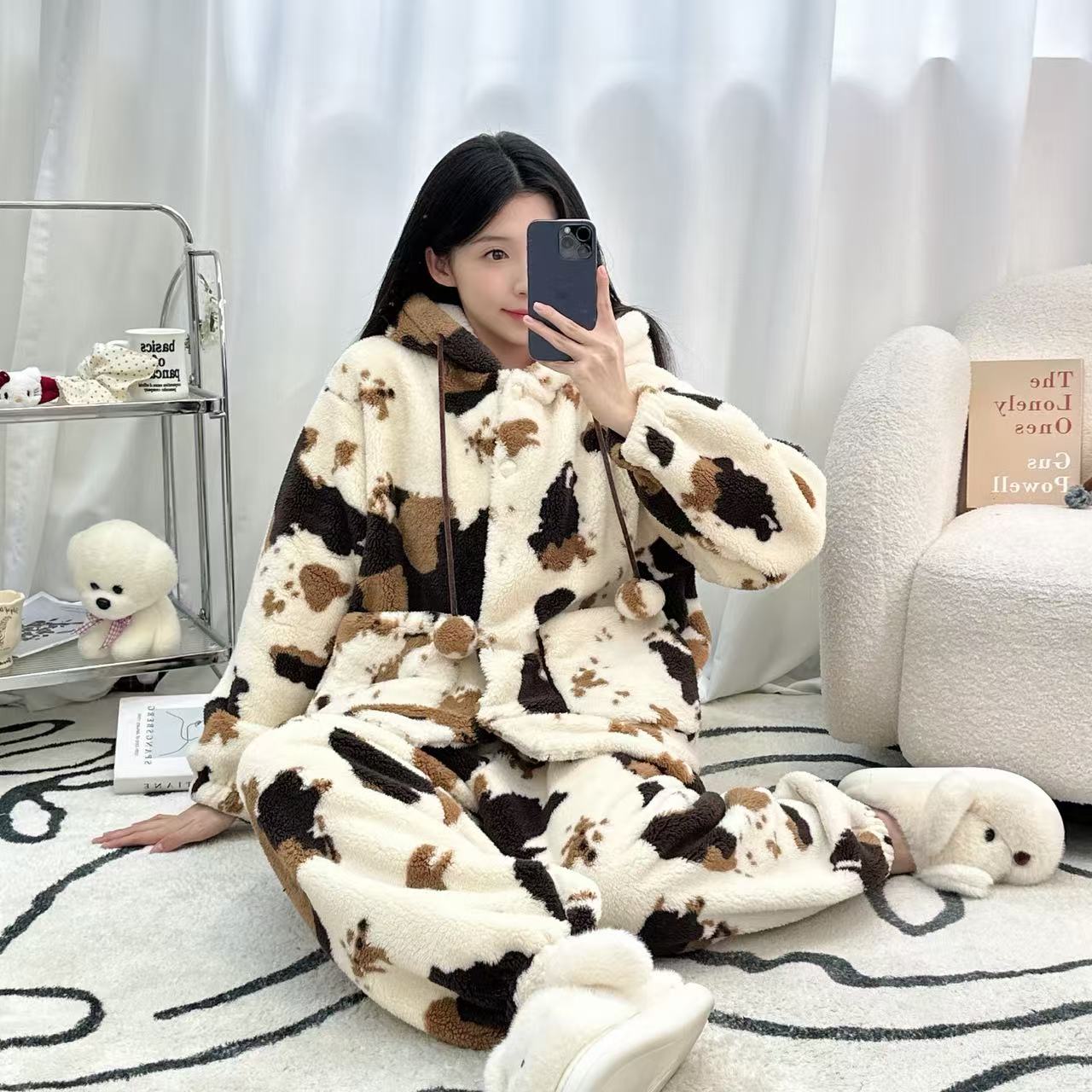 可外穿睡衣女款爆款冬季扎染立领保暖加绒加厚珊瑚绒家居服套装