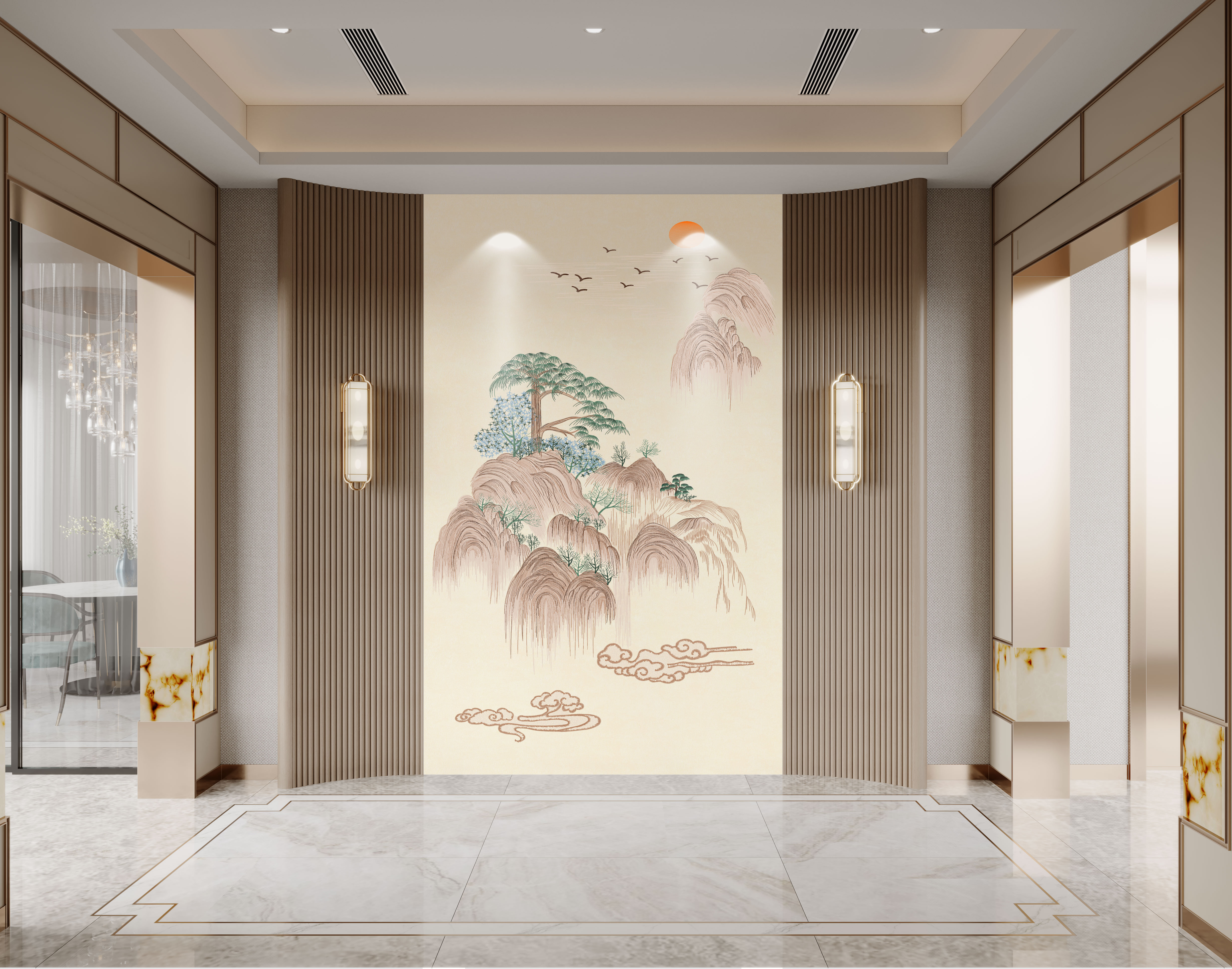 馨绣居-绣云山影纯刺绣新中式背景软装适用于玄关家居高端墙布