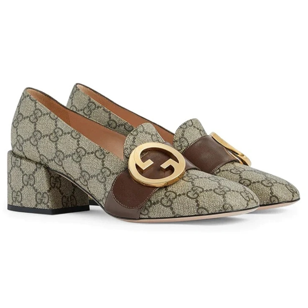 未使用 GUCCI/古驰 女款乌木色老花金色大双G高跟时尚单鞋 多尺码