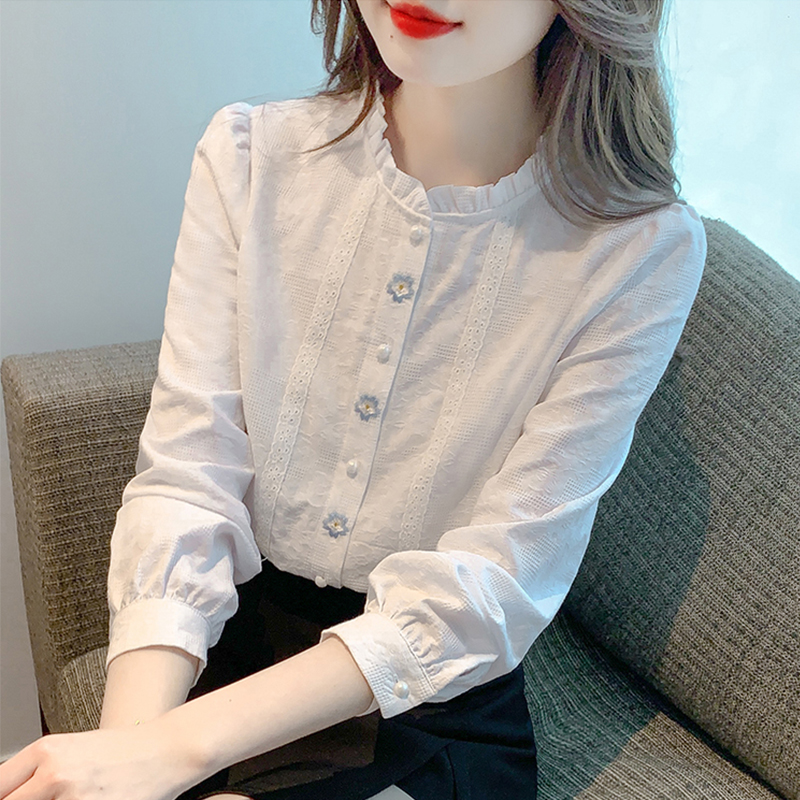 （全额运费补贴）100%棉 立领长袖绣花衬衫女秋装洋气百搭上衣小衫
