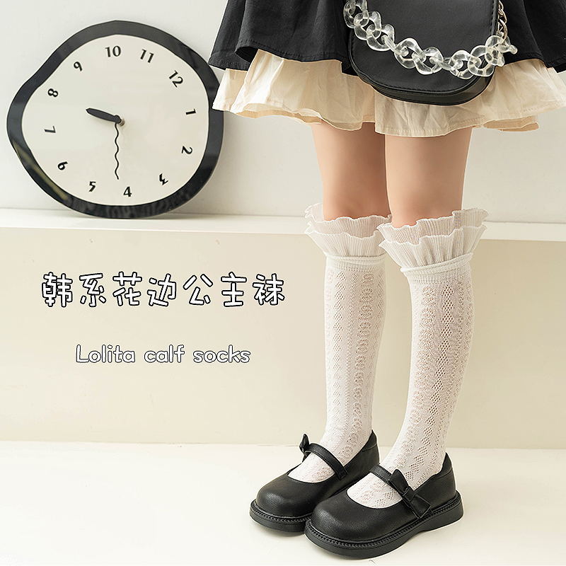 女童春夏薄款袜子双层花边公主蝴蝶结宝宝中筒袜儿童女宝宝小腿袜