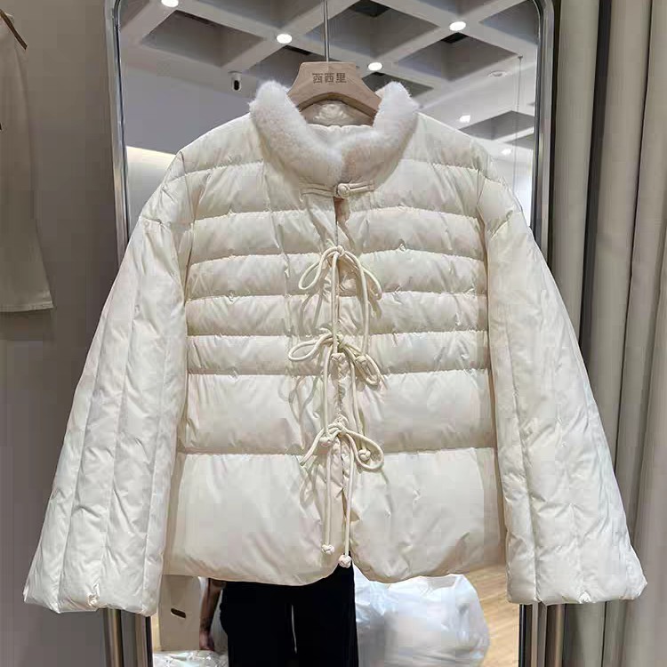 秋冬新款国风系带盘扣羽绒服水貂毛领小个子休闲时尚白鸭绒外套潮