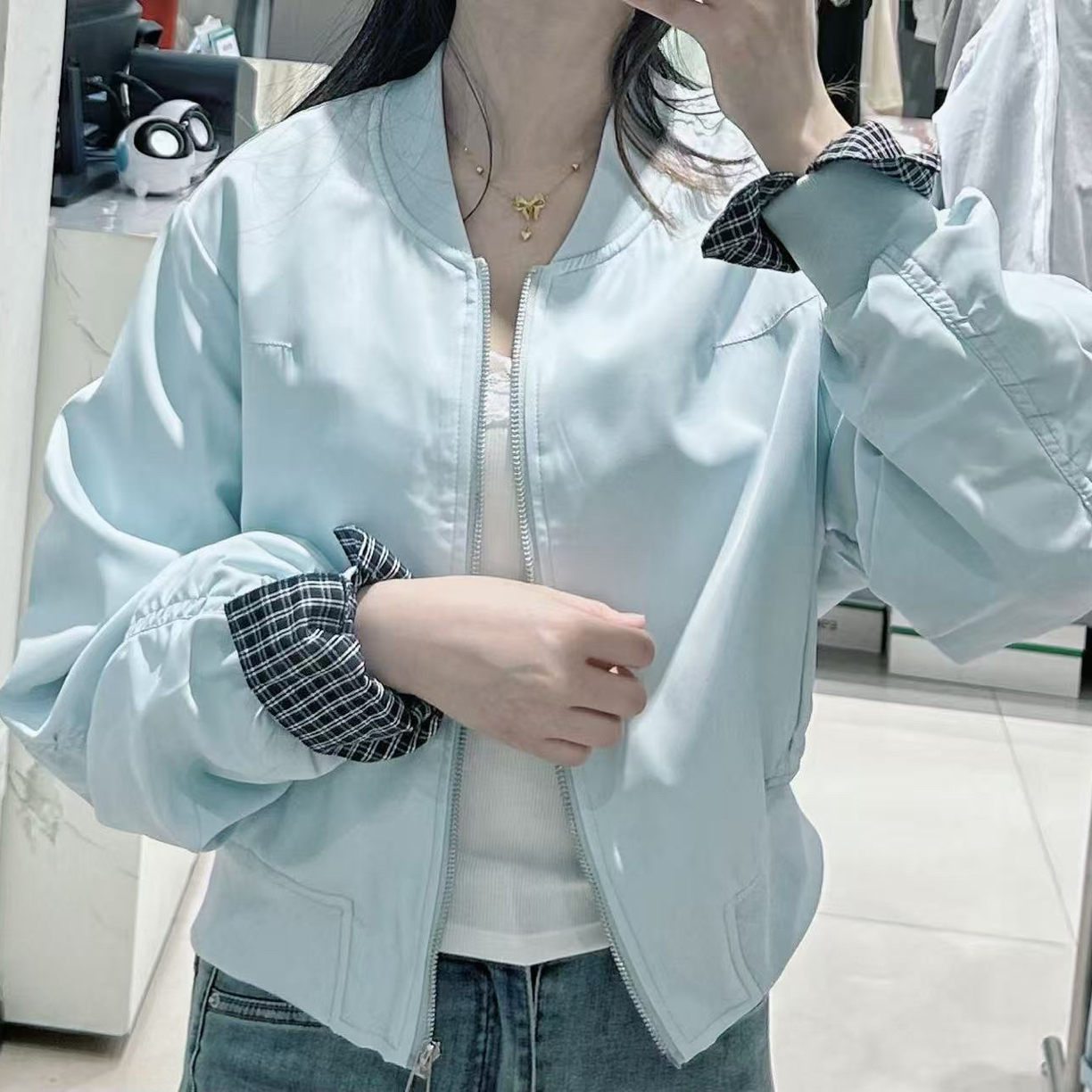 短款宽松纯色百搭短外套女春季女装运动拼接拼接袖