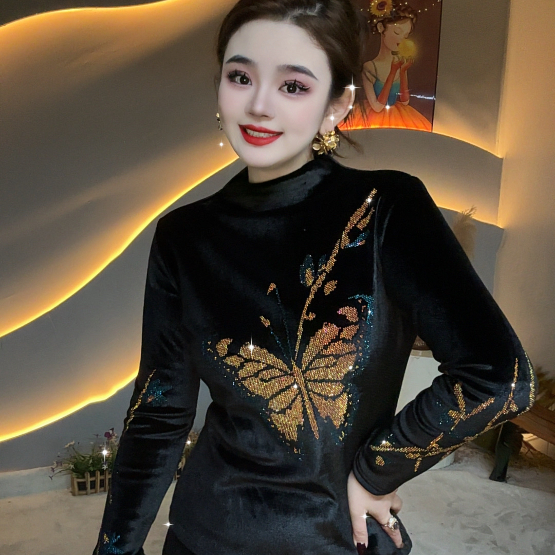 【彩钻蝴蝶】2025长袖休闲风新潮风烫钻女T恤网红时尚百搭打底衫