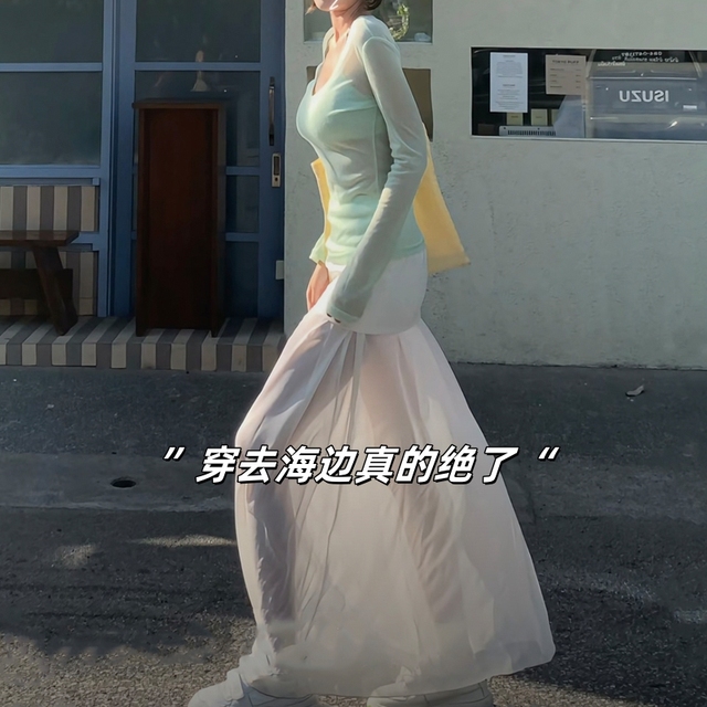 开春多巴胺穿搭配一整套网纱拼接半身裙女云南海边度假防晒三件套