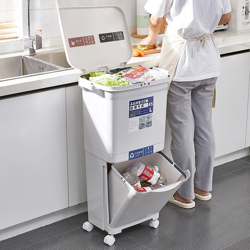 星优塑料多功能垃圾桶厨房干湿垃圾隔离收纳桶多层抽屉滑轮垃圾桶
