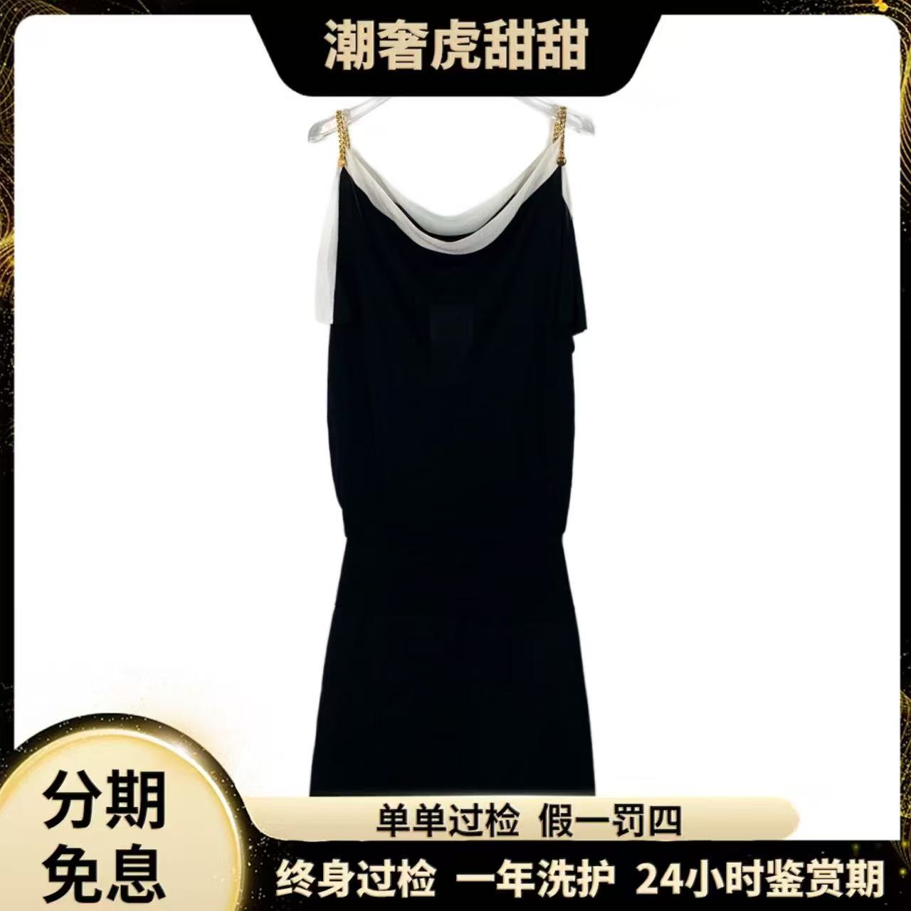 95新 GUCCI/古驰 IW0145 黑色金扣链条针织吊带连衣裙 XS码潮奢虎