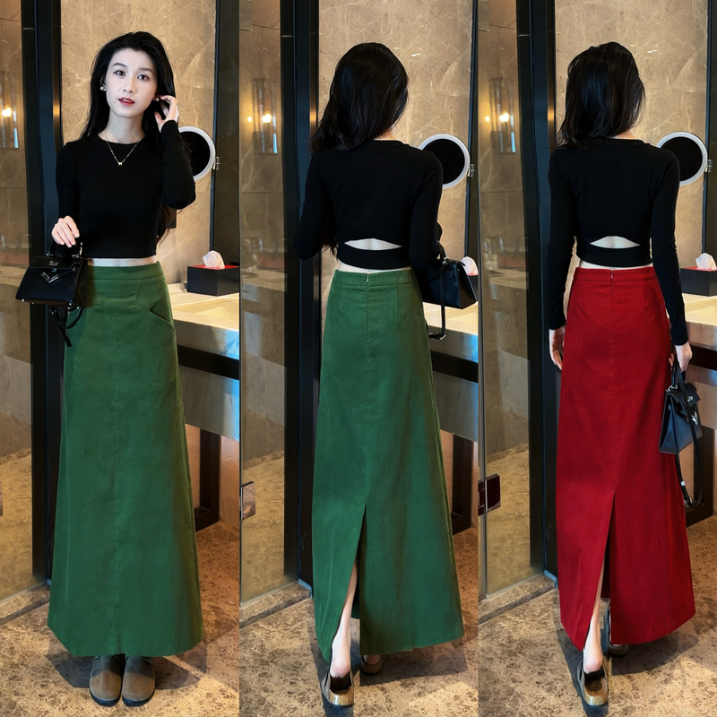 秋冬百搭显瘦不规则露腰垫肩加绒上衣+高腰显瘦灯芯绒半身裙套装