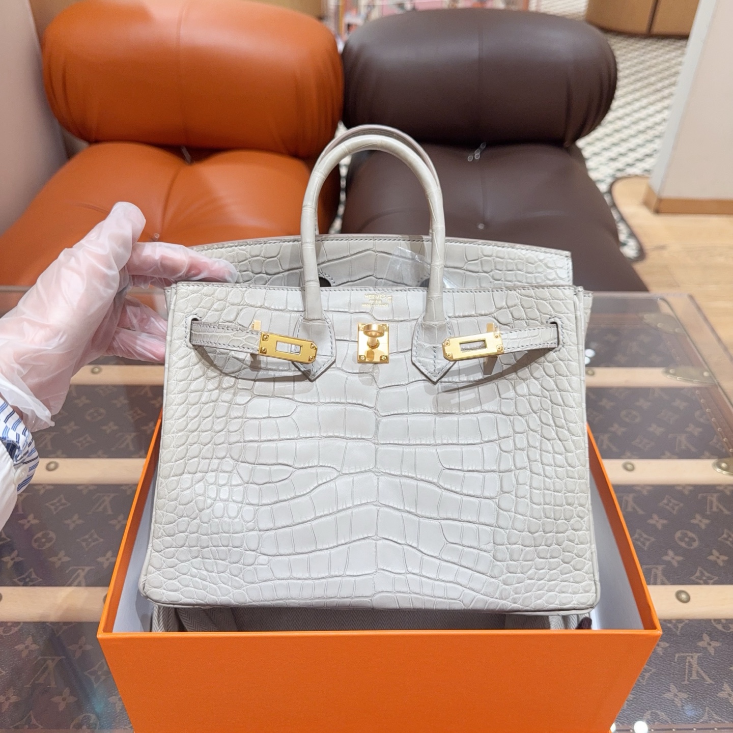 99新 Hermes/爱马仕 birkin25 珍珠灰80金扣 雾面方块鳄鱼 Y刻！