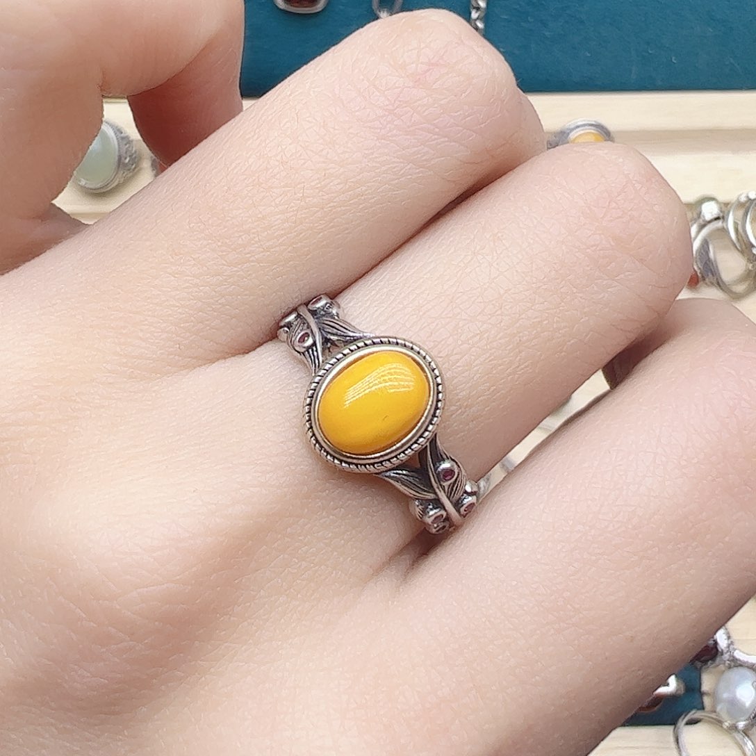 蜜蜡银S925镶嵌戒指，