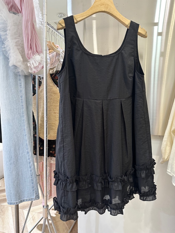 泡菜拼接木耳边无袖背心连衣裙女夏季复古减龄蓬蓬短裙