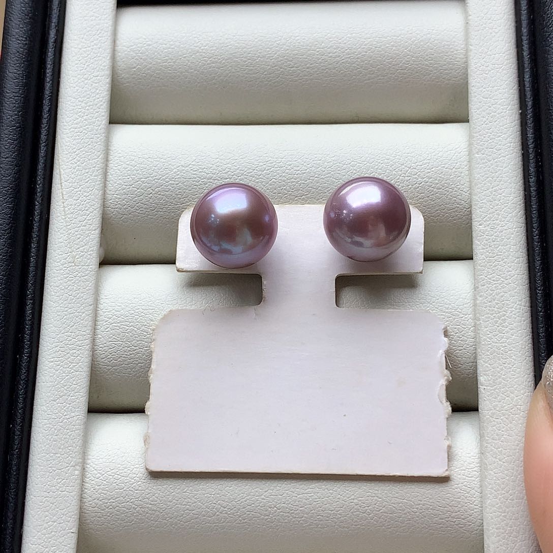 淡水珍珠耳饰银S925镶嵌11-12mm 梦幻紫耳钉