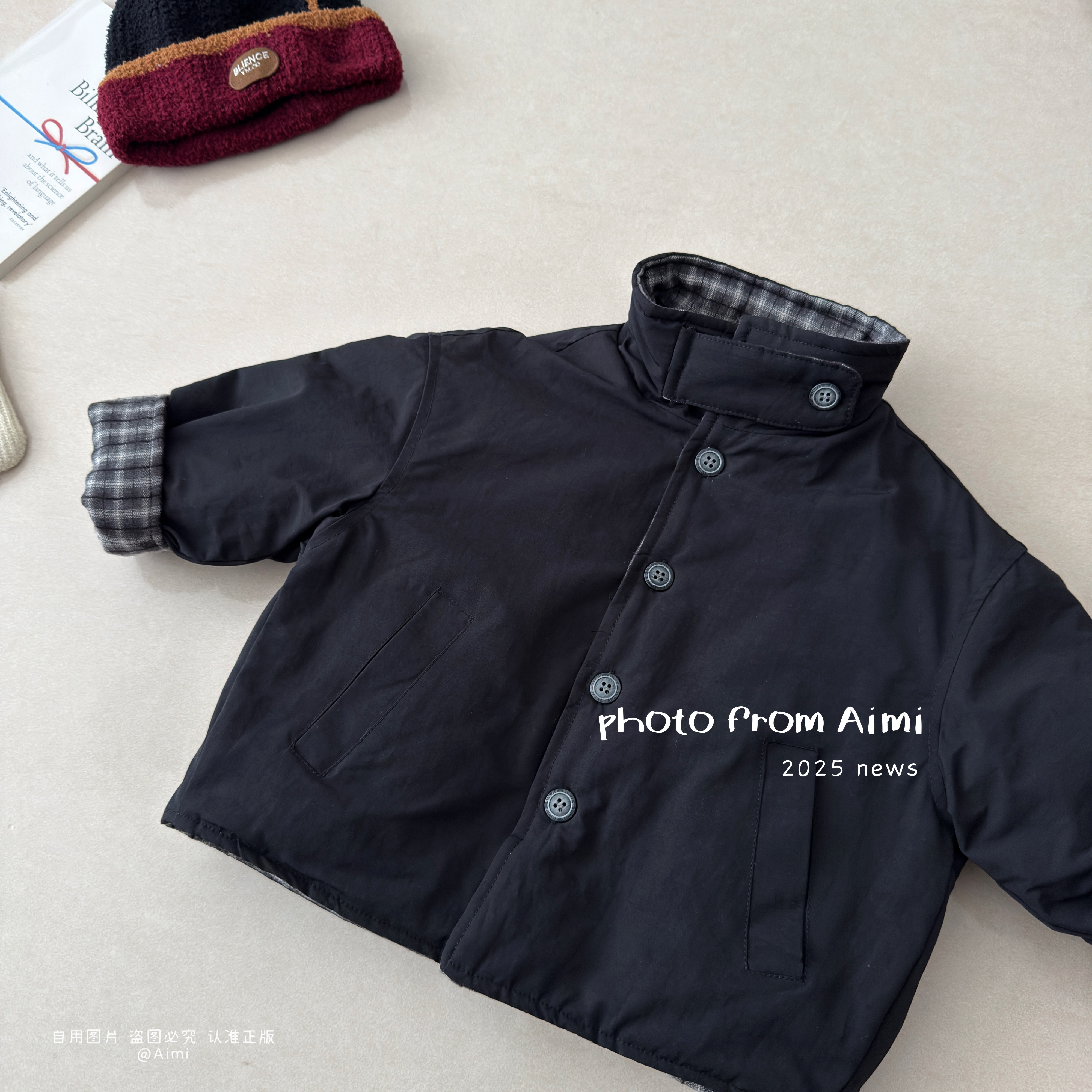 儿童双面穿加棉外套时髦百搭格子立领棉服双面可穿洋气韩版潮款