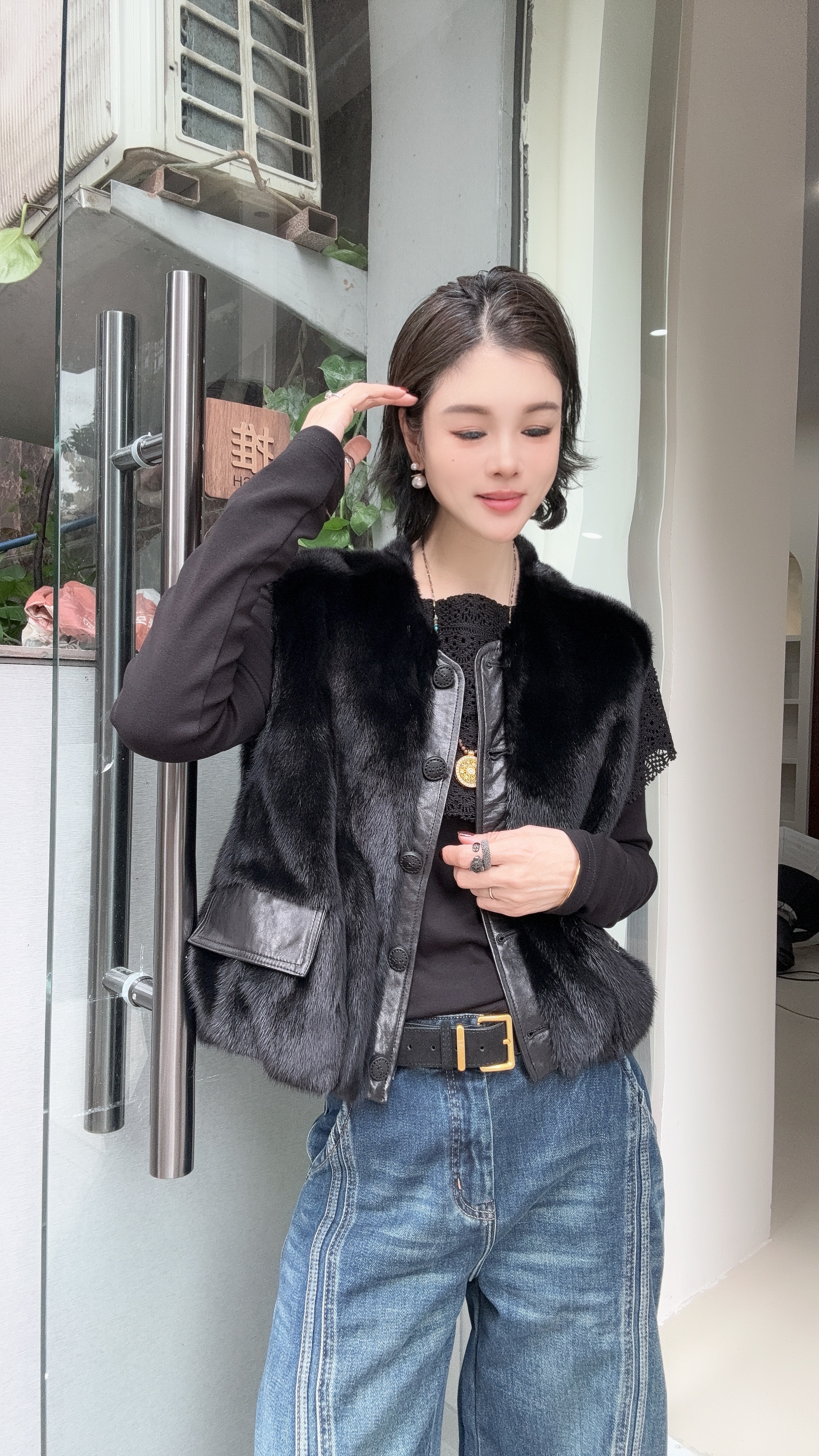 YUANJIE欧洲站进口水貂毛皮草女冬老钱风显瘦貂马甲外套