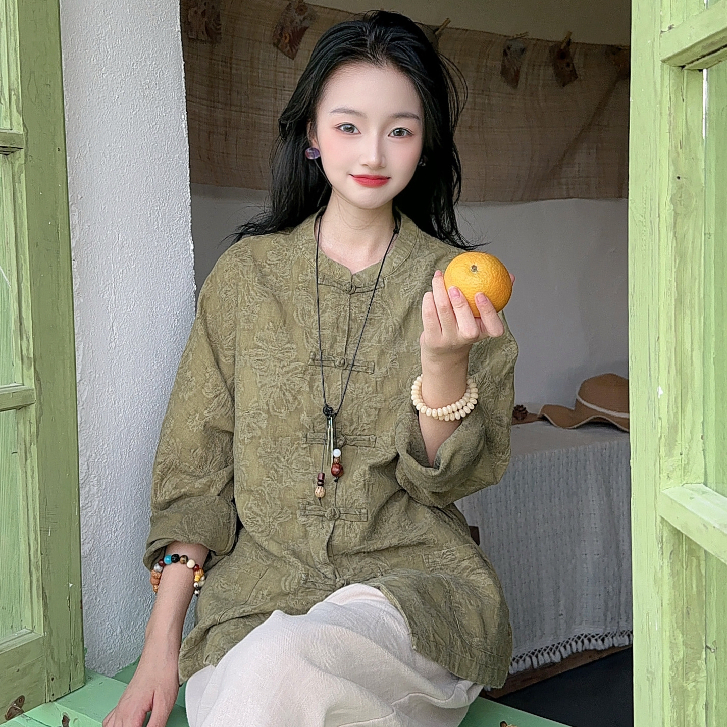 复古国风亚麻提花盘扣立领衬衫外套女春秋季文艺禅意茶服开衫上衣