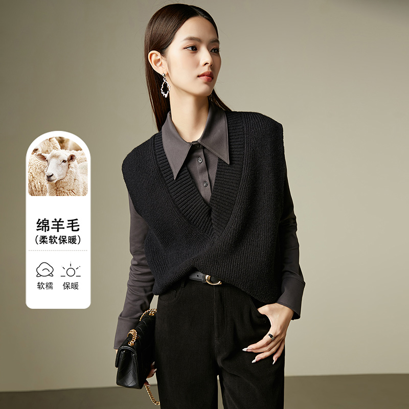 晚白2025冬新款简约 叠穿神器背心V领羊毛百搭针织衫女25060804