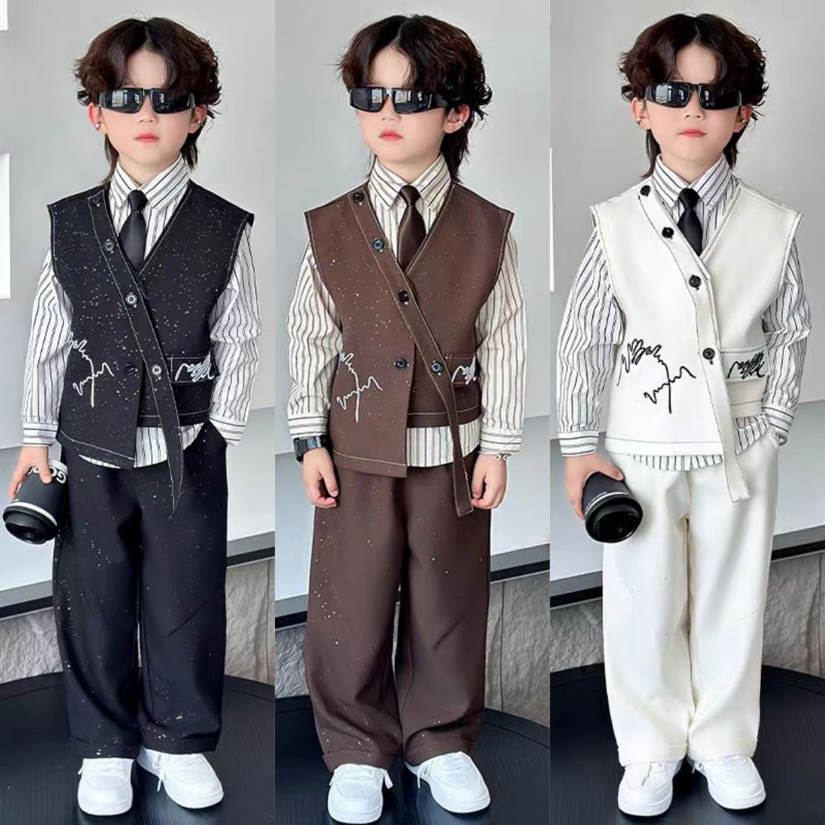 男童西装礼服英伦风亮闪马甲西服套装小主持人服装男孩走秀演出服