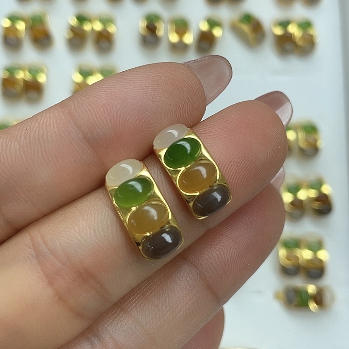 和田玉耳饰银S925镶嵌