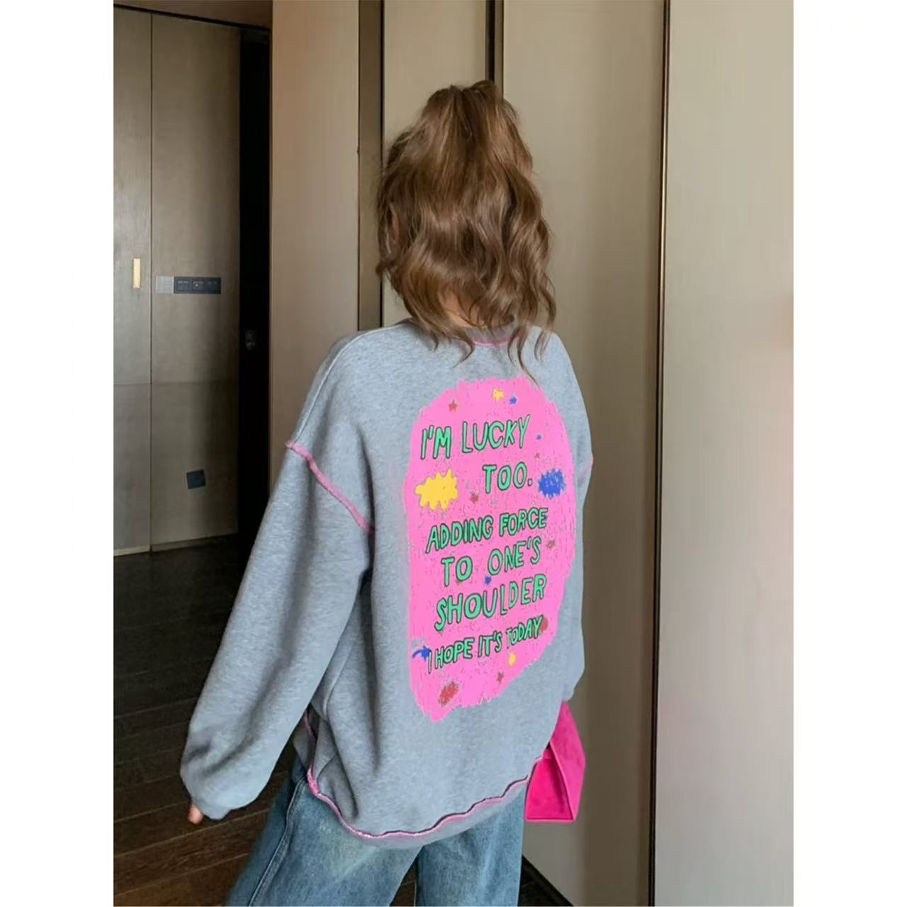 루루가−（Lucky）韩国东大门秋冬新款字母加绒中长宽松大码卫衣女潮