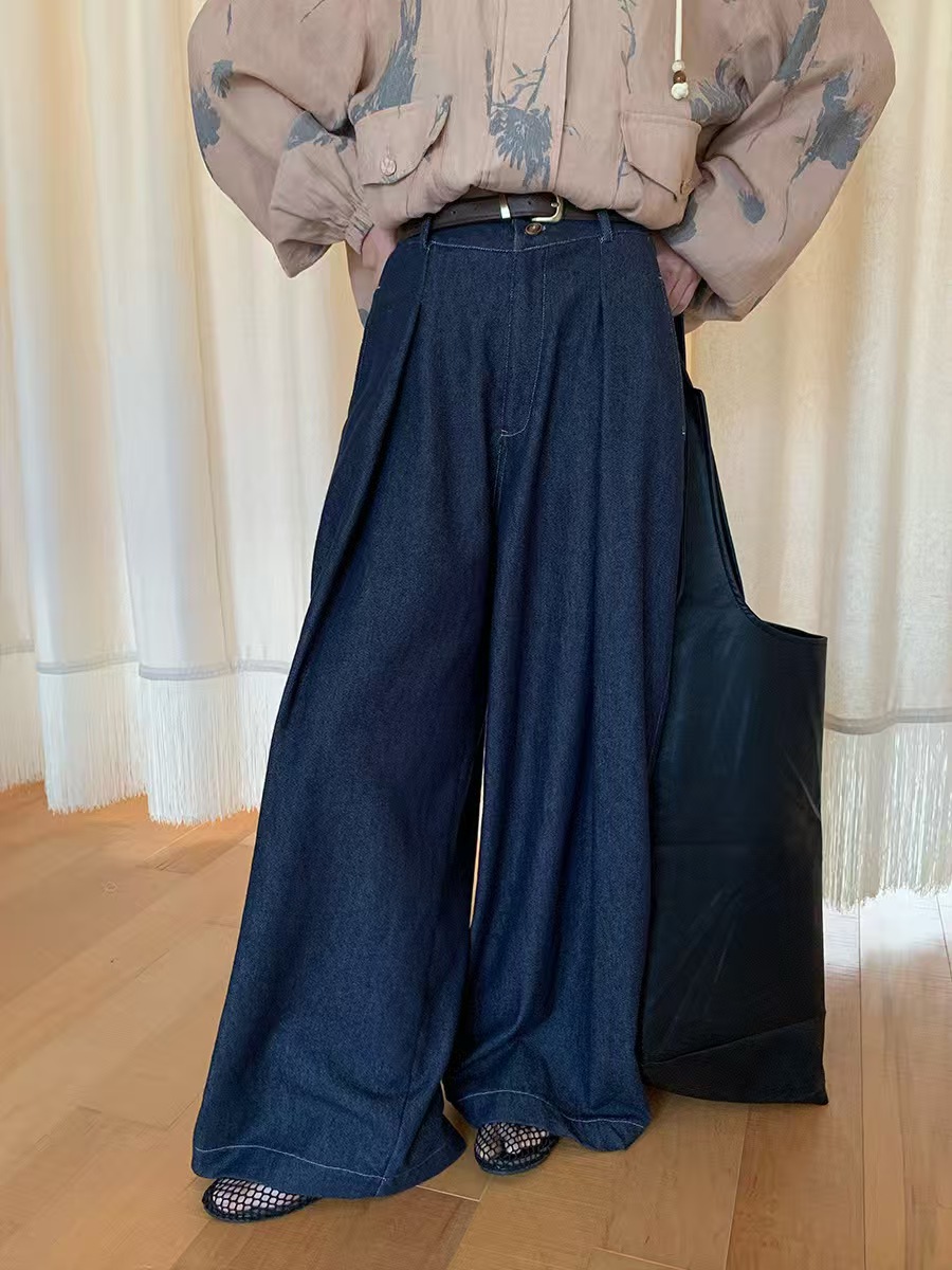 宽松中腰长裤直筒简约牛仔裤百搭复古纯色牛仔裤女