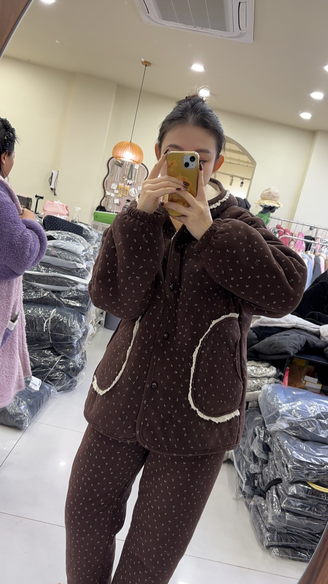 【好娃娃】花边连帽碎花三层加厚家居服套装显瘦百搭