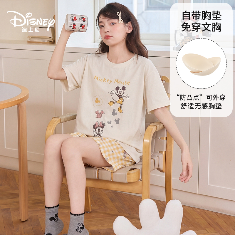 Disney/迪士尼夏季套头短袖短裤带胸垫卡通印花舒适家居服0396