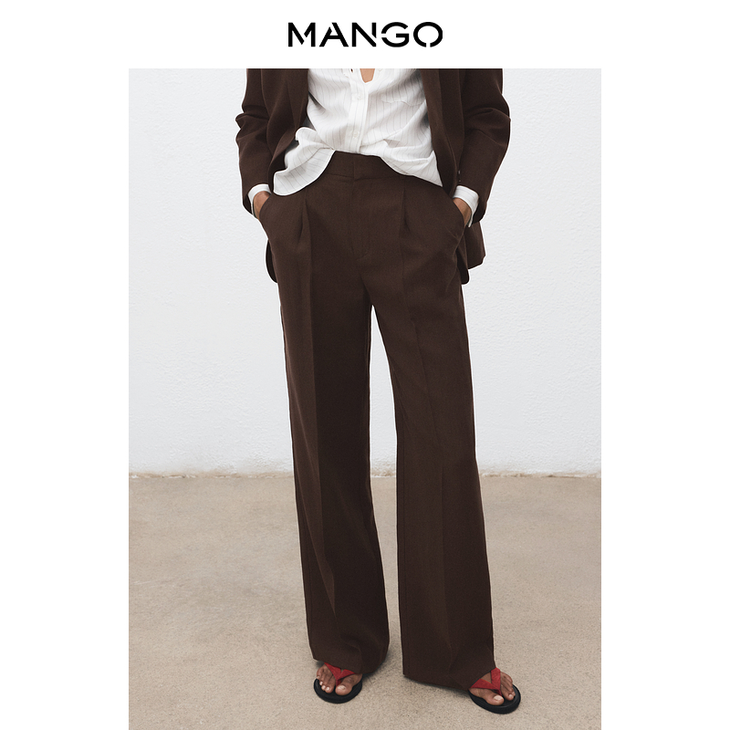 MANGO女装裤子2025秋装新款休闲复古莱赛尔透气垂感直筒西装裤