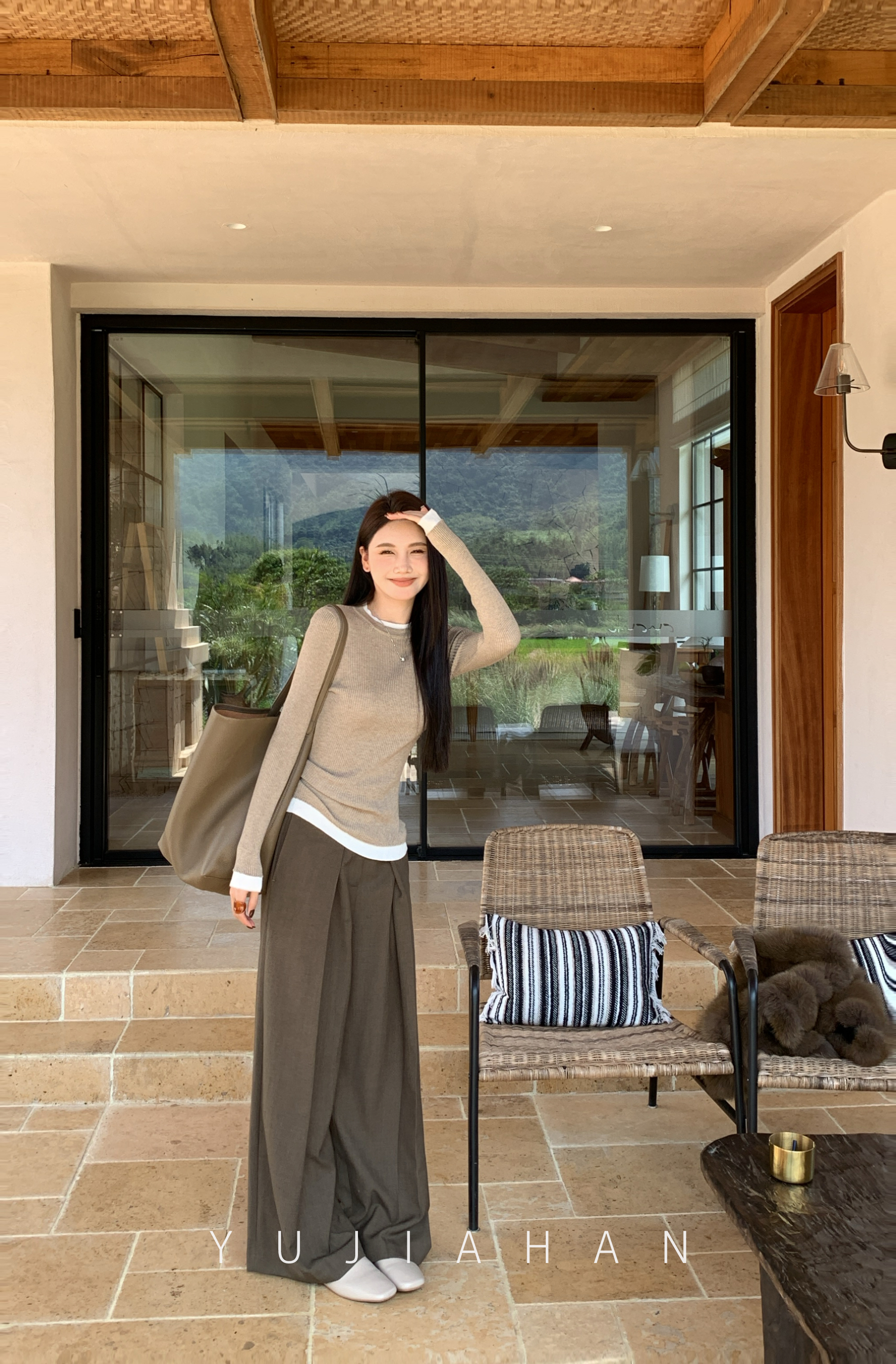 YUJIAHAN「棕白映绵」假两件 三色2/45支6mie假两件坑条打底衫秋冬