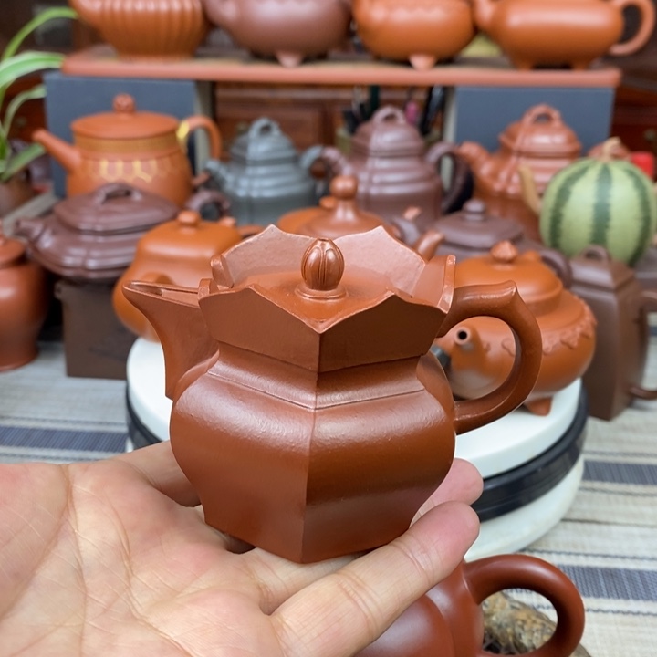 紫砂茶壶六方僧帽100CC原矿赵庄朱泥