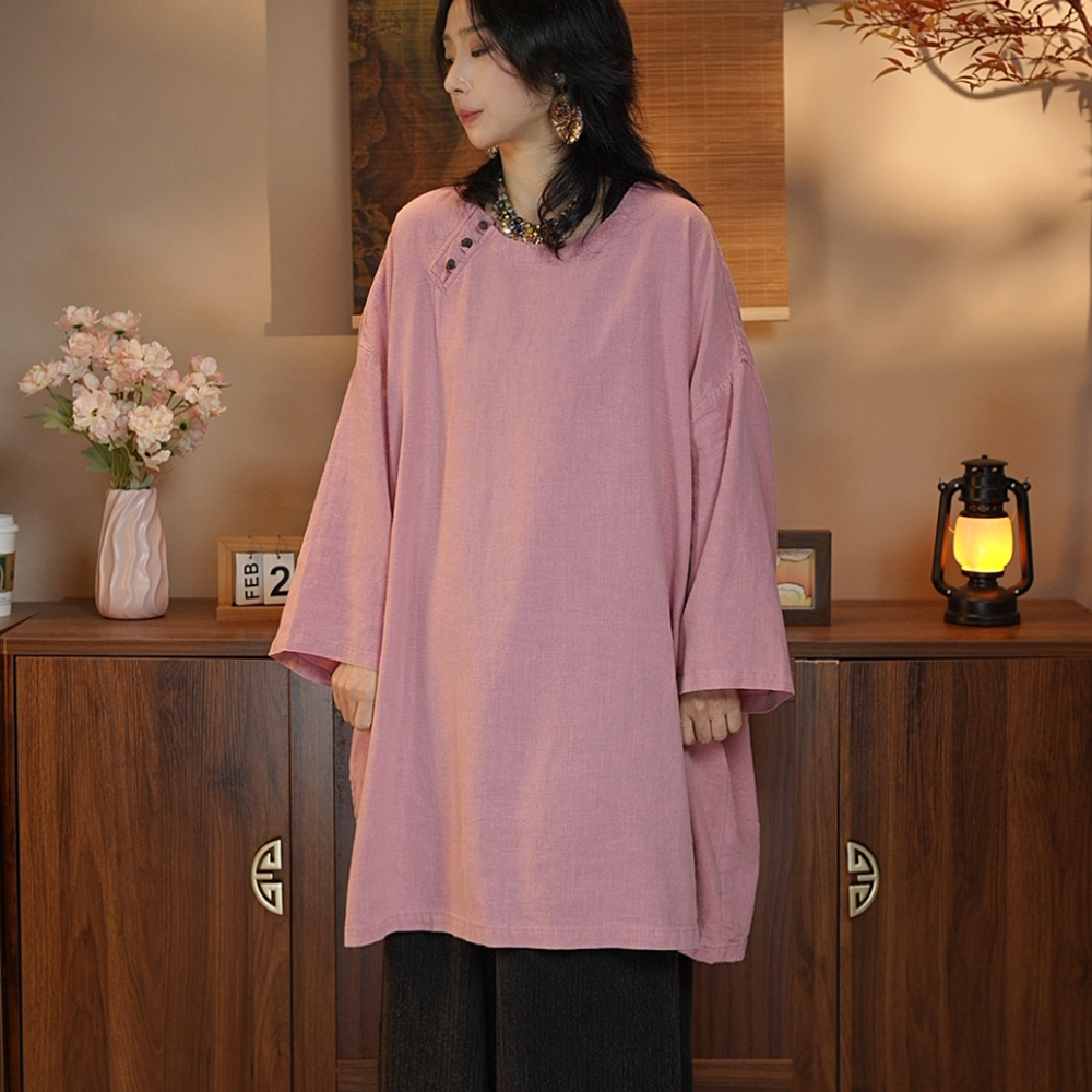 袍子女中长款春秋装新中式宽松休闲复古文艺国风盘口圆领亚麻上衣