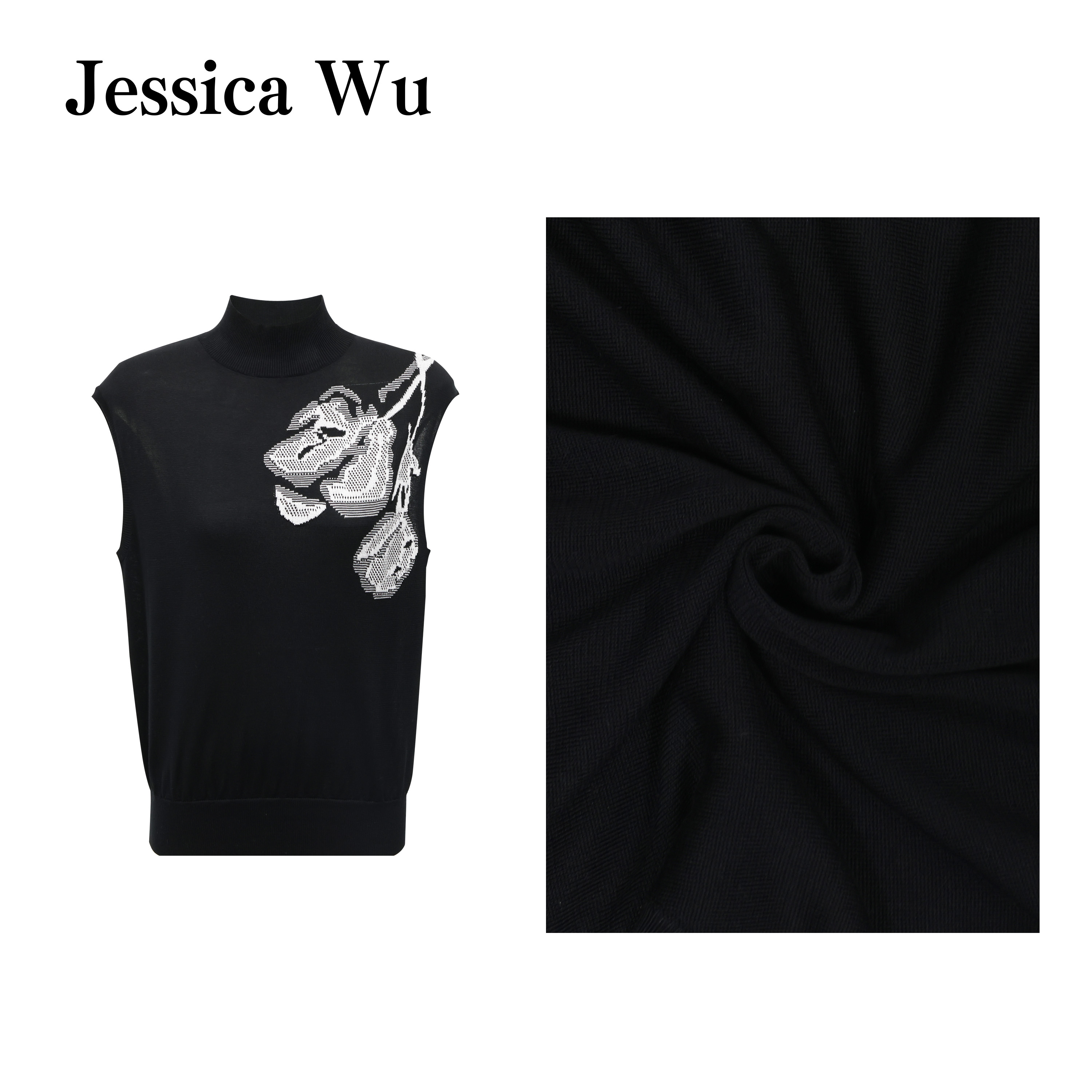 JESSICA WU气质韵味~优雅玫瑰提花半高领包肩垂坠顺滑针织上衣