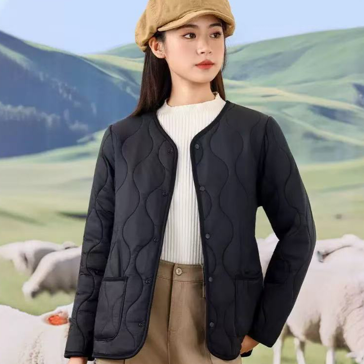 杨姐家 秋冬新款羊毛内胆 v领保暖棉袄 轻巧暖和开衫外套 韩系