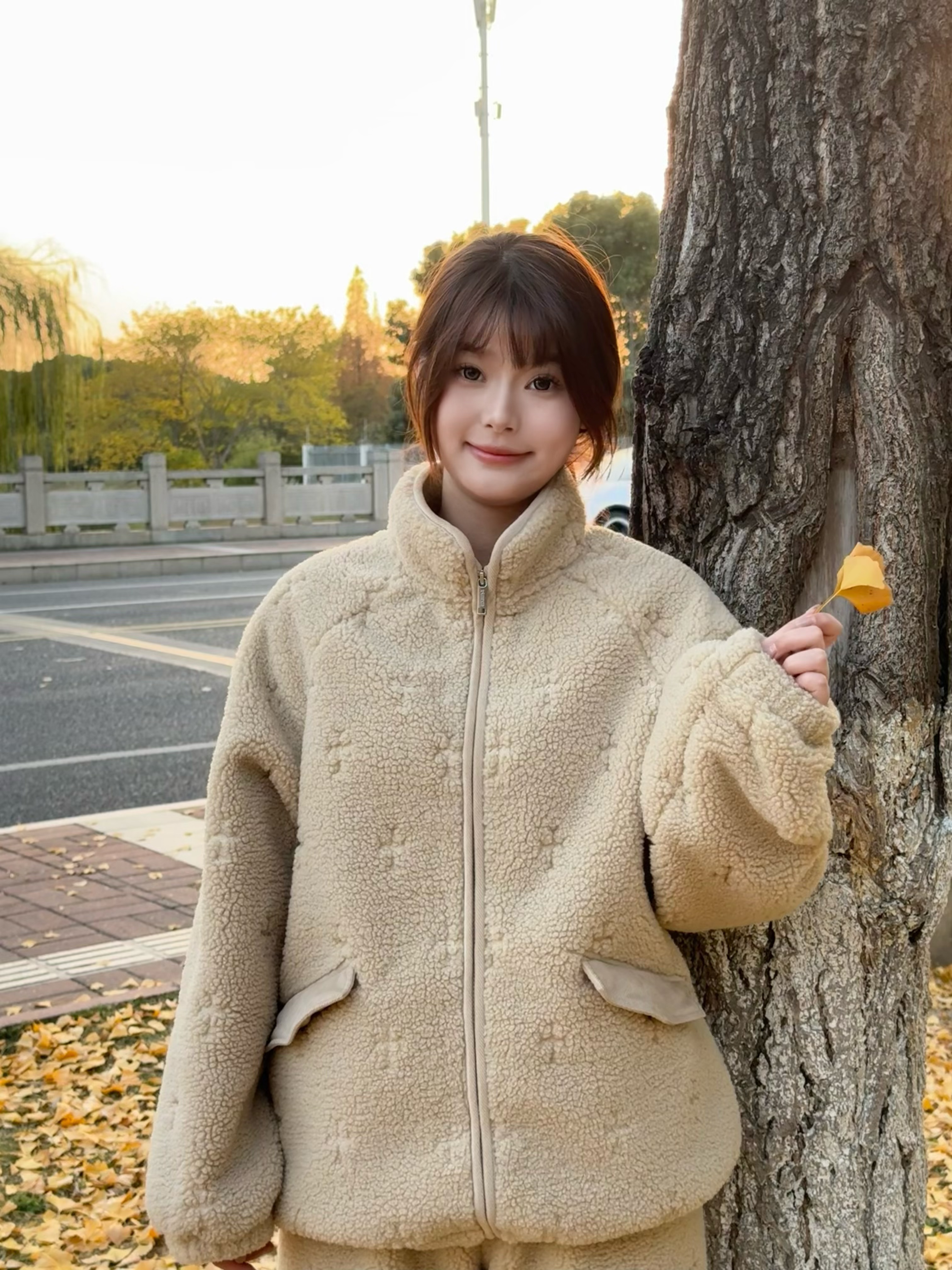 TSMLXLT秋冬季双面符合绒立领拉链家居服老化压花睡衣套装