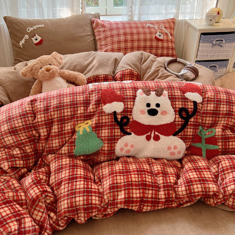 牛奶绒【圣诞麋鹿】床上四件套双面绒被套床单加绒加厚入冬2025新