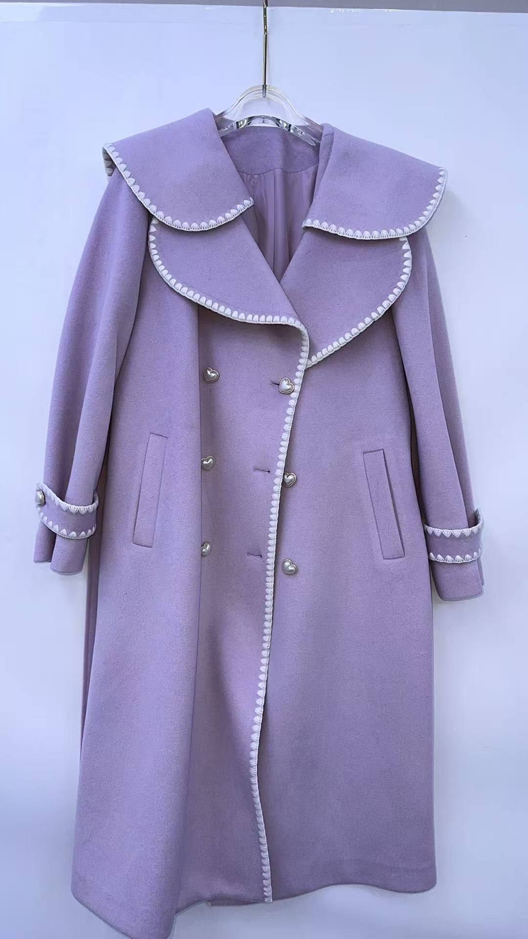 贝壳绣双排扣长款大衣 814015