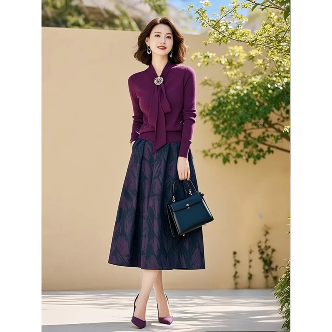 紫色针织套装女2025秋季新款轻奢高级感飘带上衣印花半身裙两件套