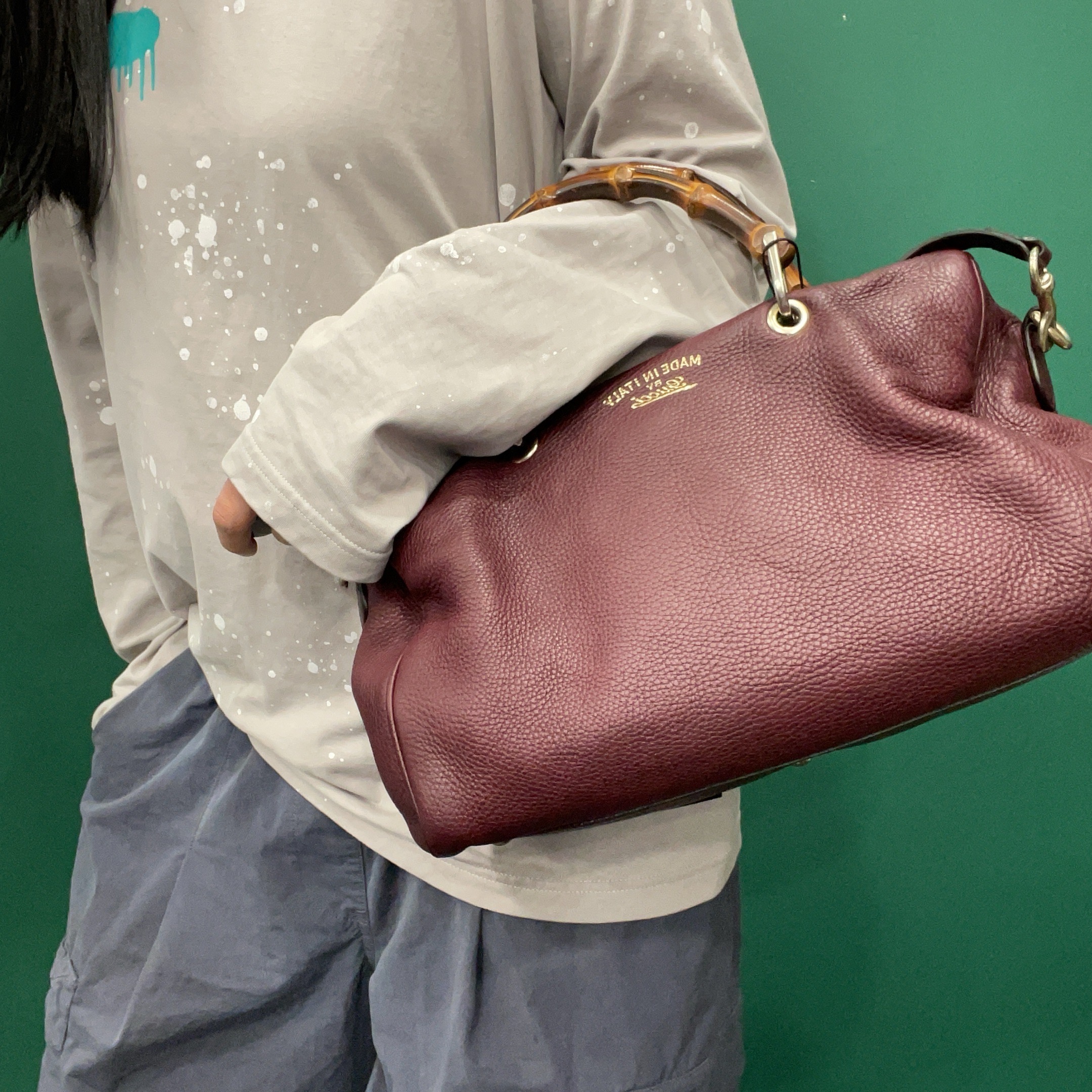 95新 GUCCI/古驰 【KK】 88 1124 酒红色竹节手提单肩包