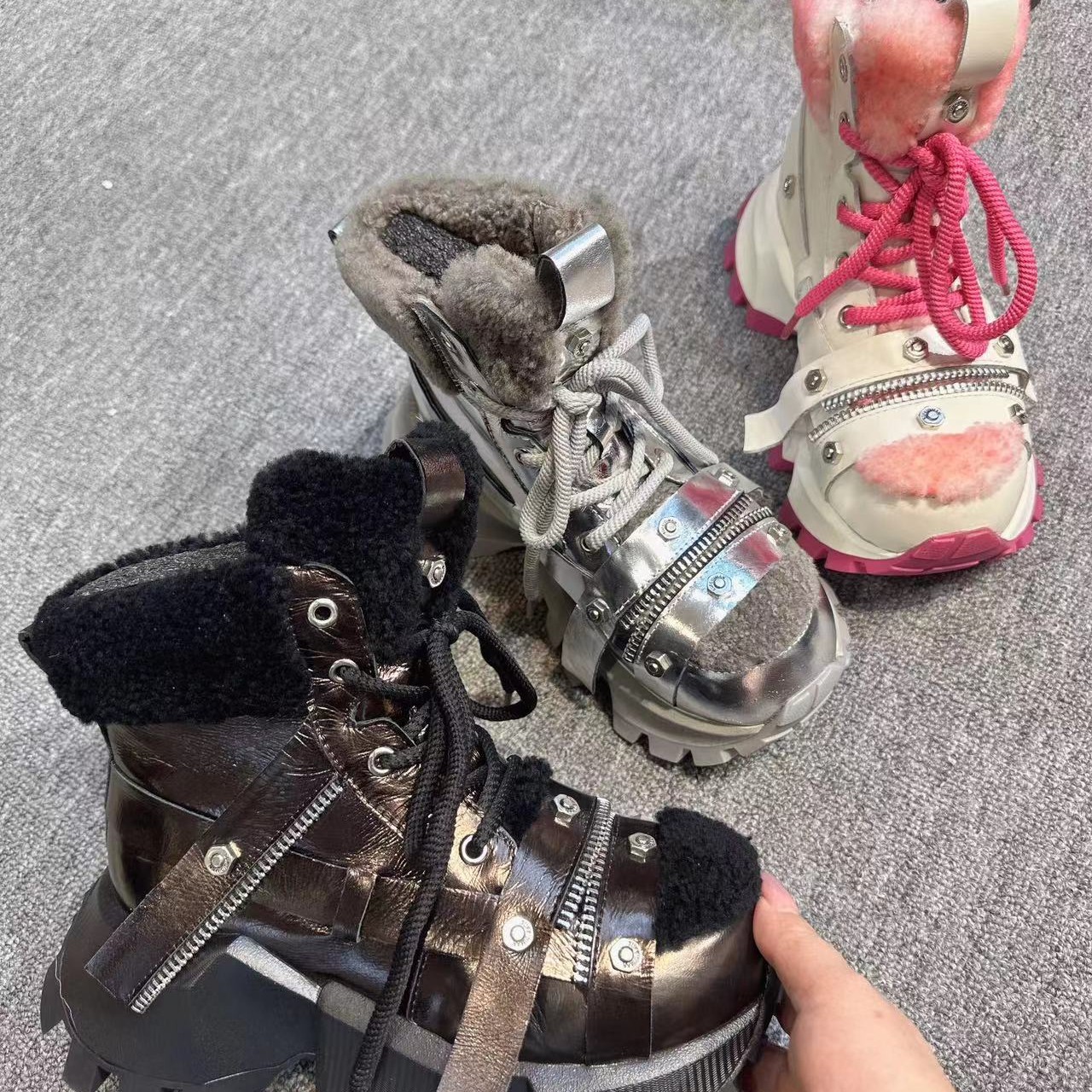 羊羔毛厚底增高老爹鞋女冬季加绒保暖防风休闲运动毛毛鞋女款