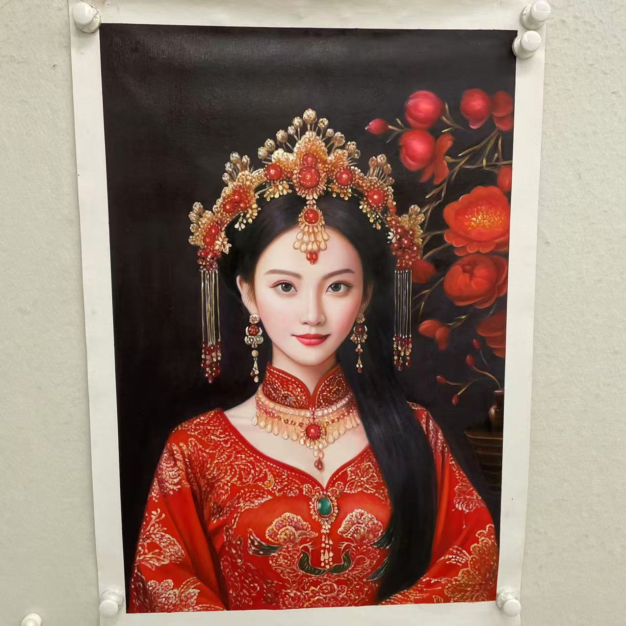 林彦新-***中国新娘-皇冠-红花-约60*90厘米-手绘油画-麻布