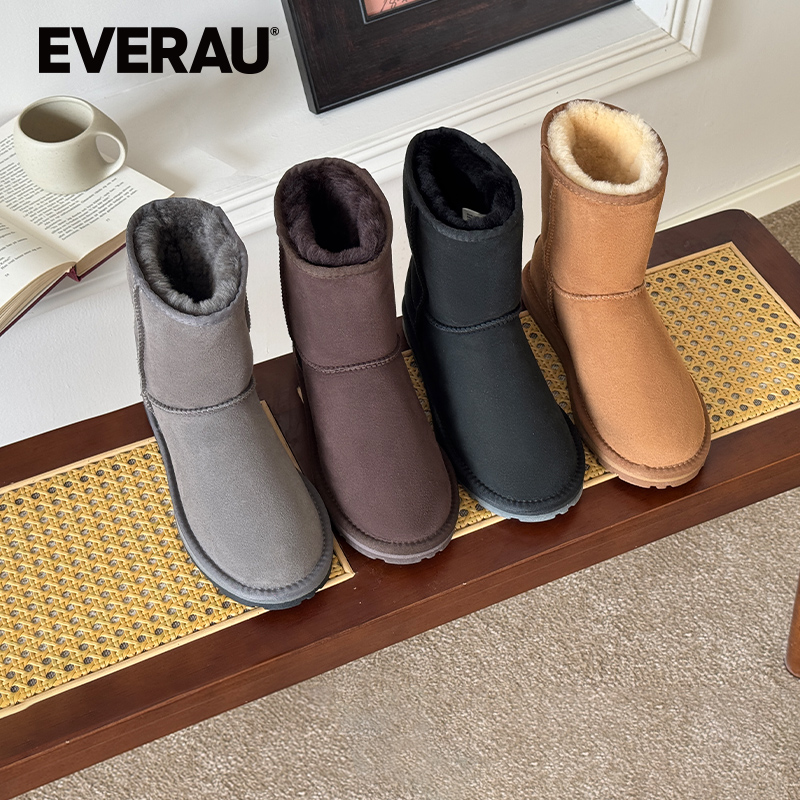 EVERAU冬季雪地靴男女同款经典皮毛一体保暖中筒靴UEA3004