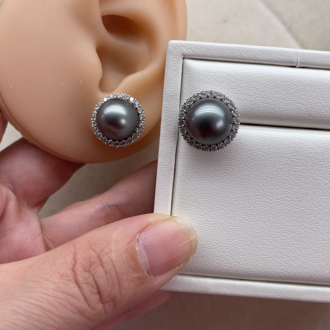 海水珍珠耳钉银S925镶嵌11-12mm