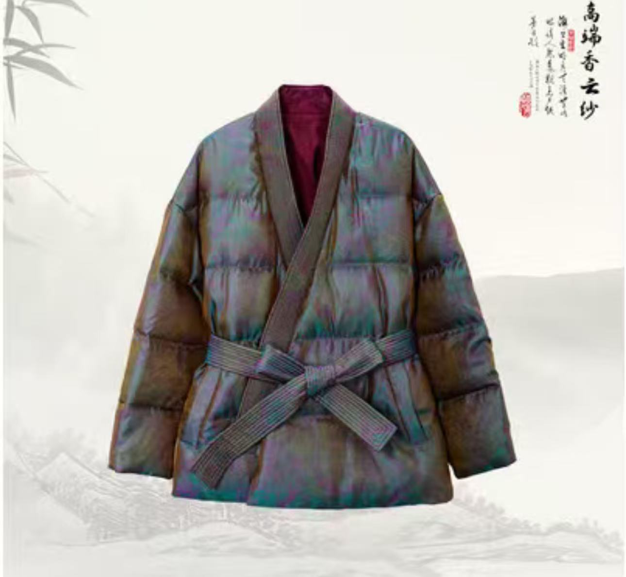 新款桑蚕丝国风新中式V领系带鹅绒服547118