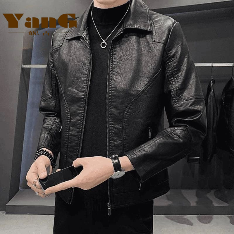 砚古男士外套春季新款黑色潮流帅气休闲机车皮夹克翻领皮衣男夹克
