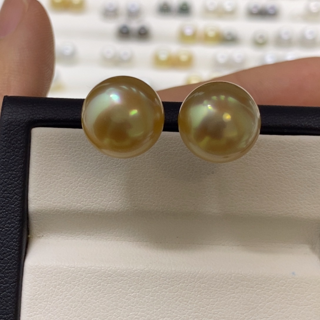 银S925镶嵌耳饰海水珍珠金珠素钉12.9m m