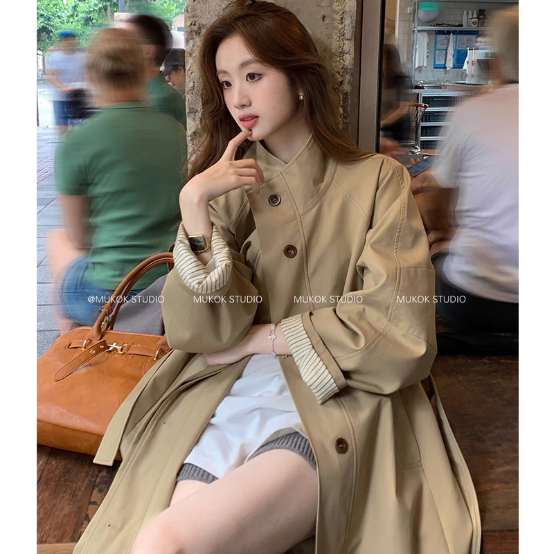 【25091】英伦风立领中长款外套系带收腰显瘦风衣外套女