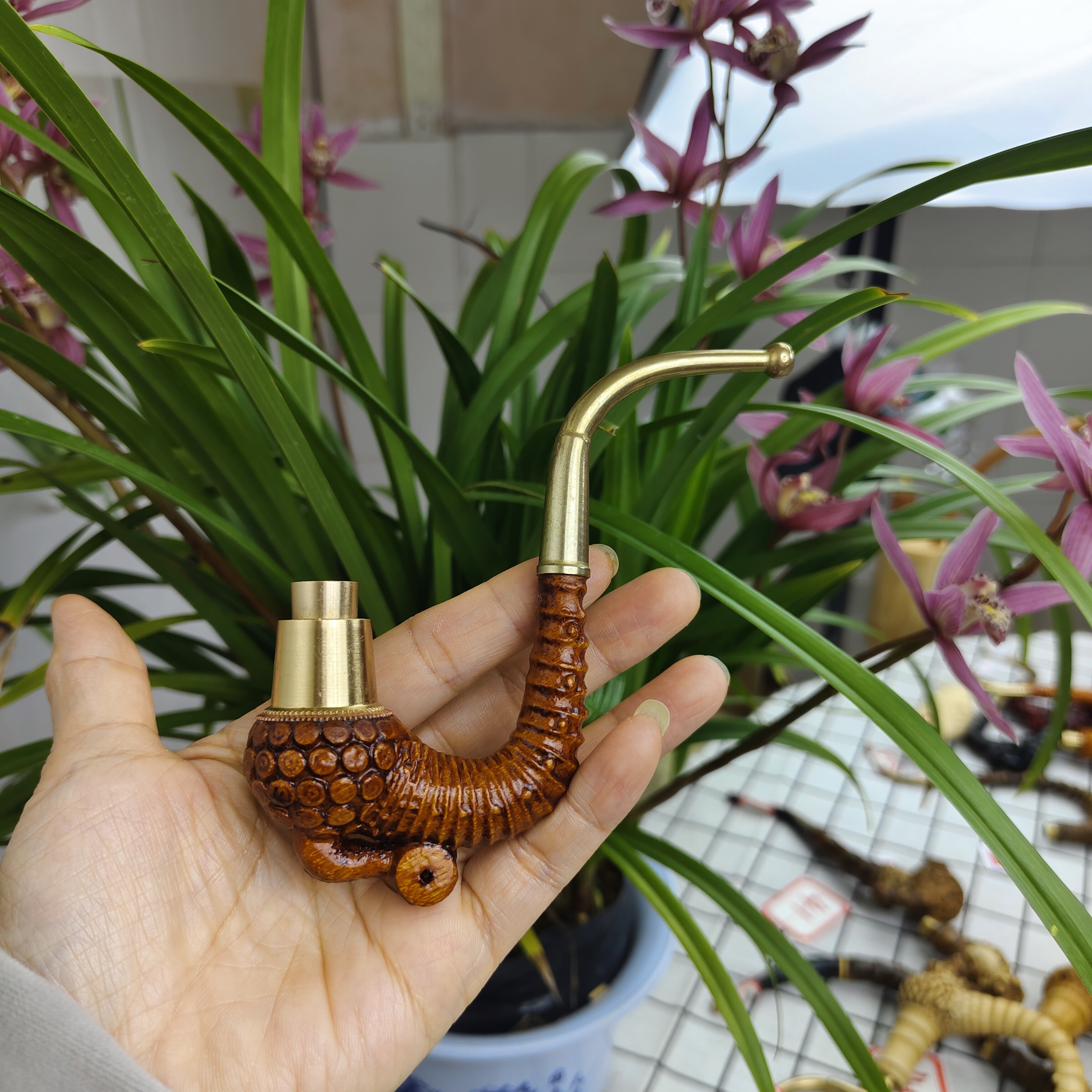 贵州民间实心竹雕刻红色小一弯一体圆杆13.5公分包铜三用火口