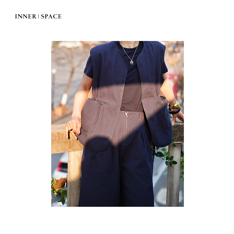 INNER｜SPACE老钱藏青极简麻裤时尚腰头设计