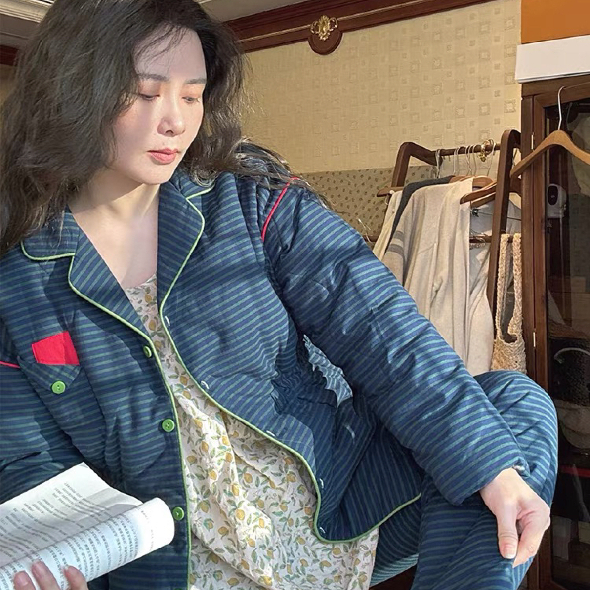 族玛士 普鲁士蓝夹棉加绒家居服套装