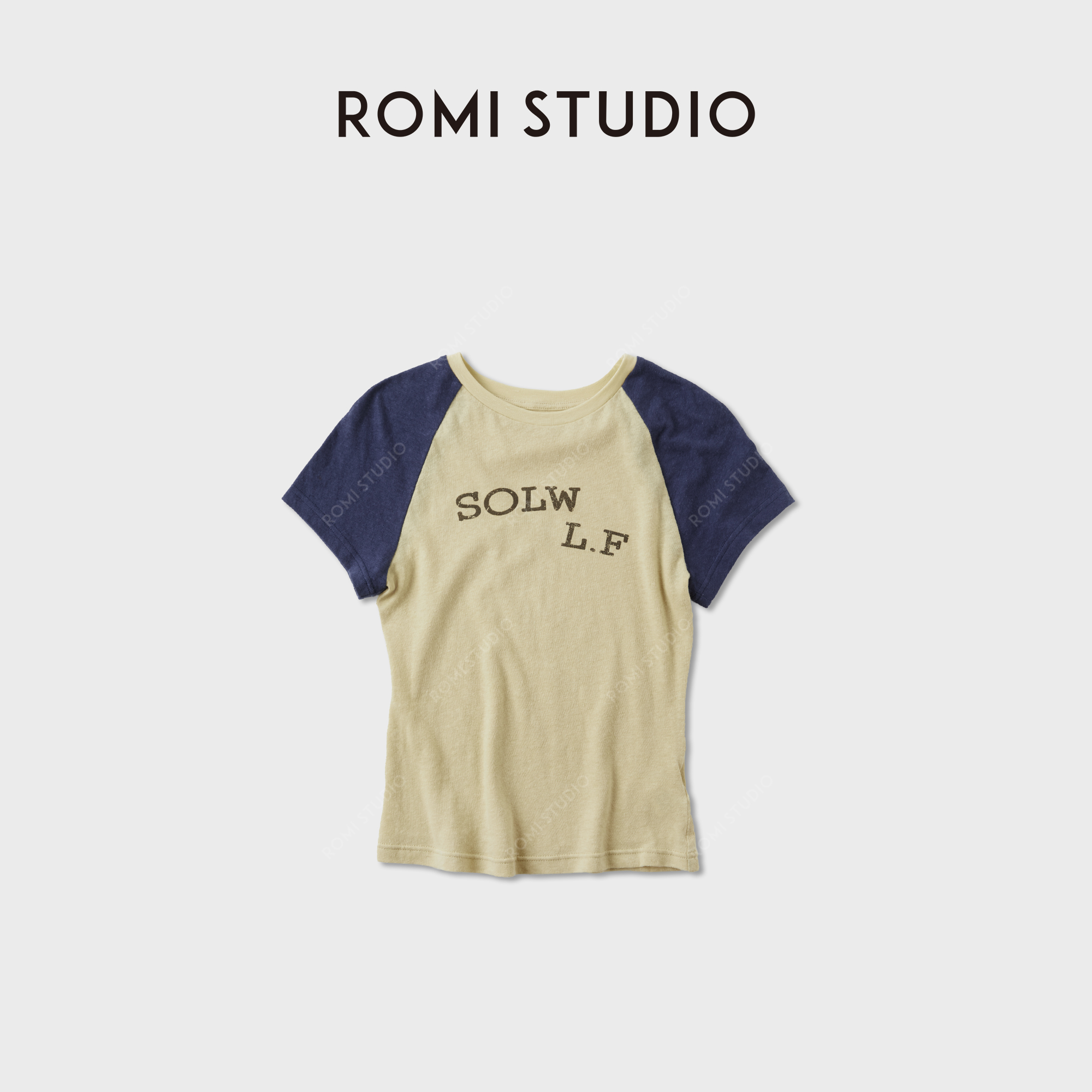 ROMI STUDIO“美式复古”亚麻+棉字母印花圆领短袖T恤 RWCAS65904